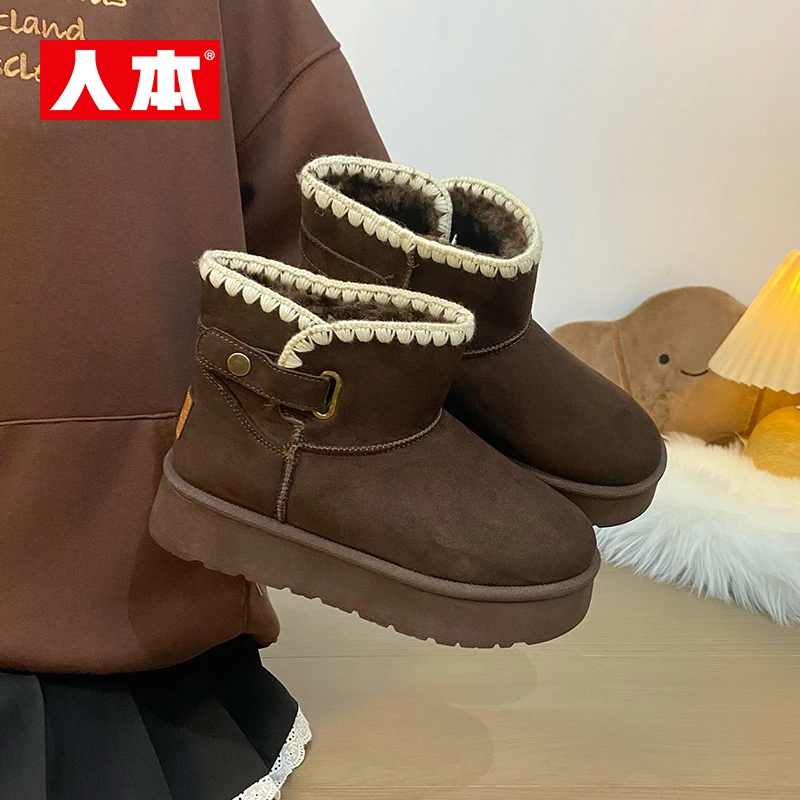 人本复古经典厚底时尚雪地靴学生爆款新款女冬季保暖加绒加厚棉鞋