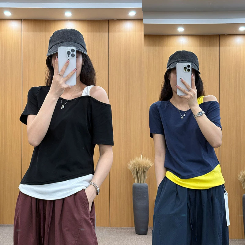 2025夏装新款胖mm大码女露肩圆领弹力上衣不规则绑带别致短袖T恤