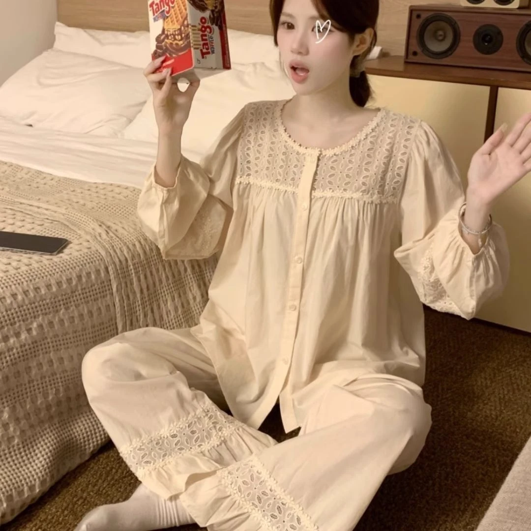 睡衣女宽松薄款大码刺绣镂空布蕾丝长裤家居服两件套装学生