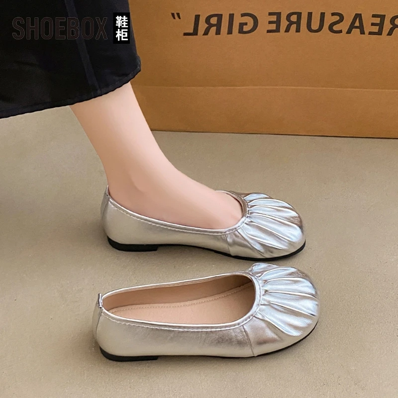 SHOEBOX鞋柜银色单鞋女夏温柔浅口圆头平底玛丽珍鞋通勤豆豆鞋