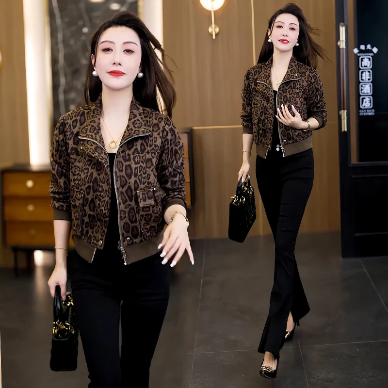 设计感时尚豹纹短外套女2025年秋冬新款小众宽松遮肉夹克上衣