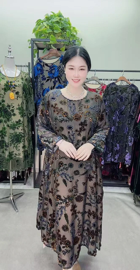 中老年桑蚕9546-2连衣裙大码时尚高端