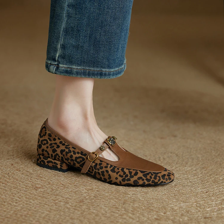 复古真皮豹纹T字带玛丽珍鞋女2025春新方头粗跟单鞋一脚蹬乐福鞋