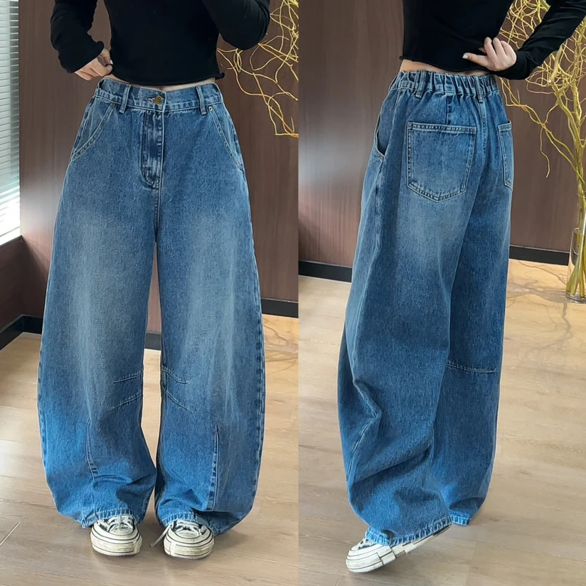 多金2025欧货早秋新款设计感半松紧宽松阔腿牛仔裤女复古水洗长裤