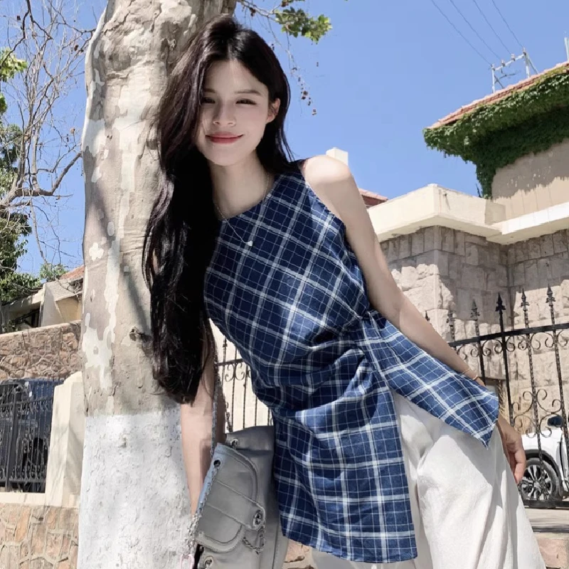 复古撞色格纹无袖背心2025女夏季不规则开叉收腰别致绝美吊带上衣