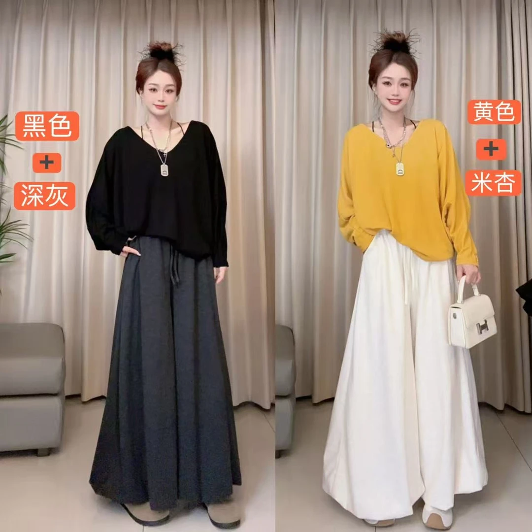 纯欲慵懒风宽松V领 斜肩长袖T恤女辣妹 微透凉感薄款罩衫