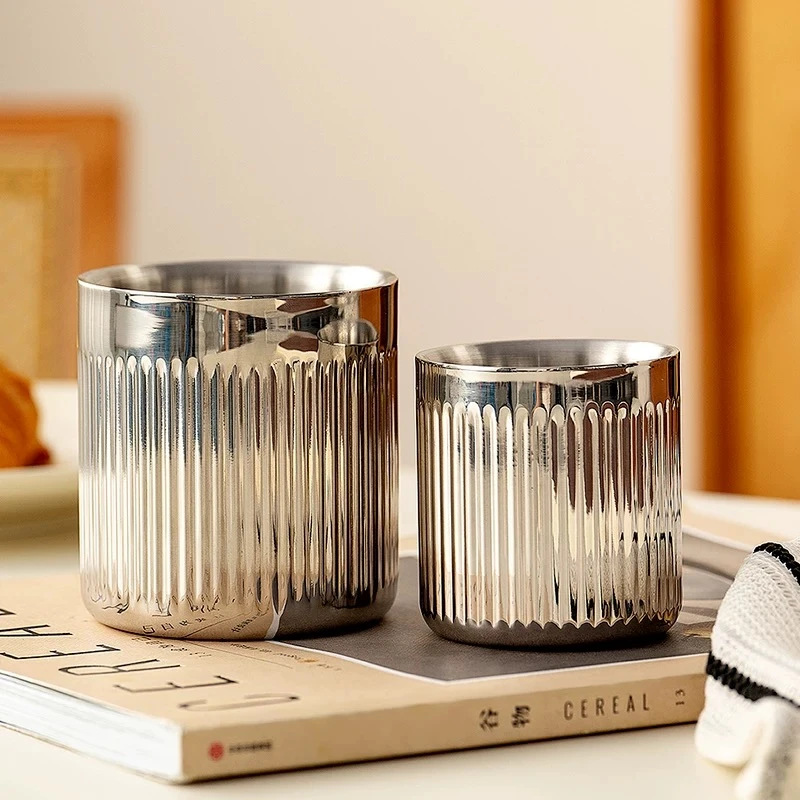 创意条纹304不锈钢双层隔热水杯咖啡杯儿童喝水杯子