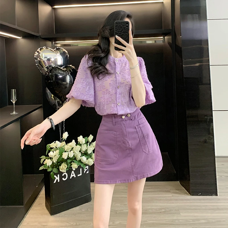 夏季穿搭一整套女时尚洋气紫色短袖衬衫显瘦高腰上衣搭配半身裙