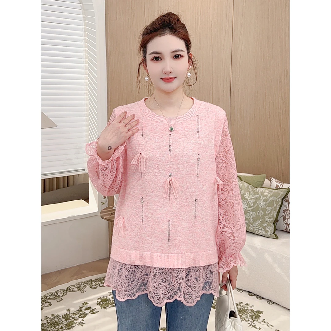 【温柔风蕾丝拼接毛衣】MsShe大码女装2025春钉钻假两件S~E2501041