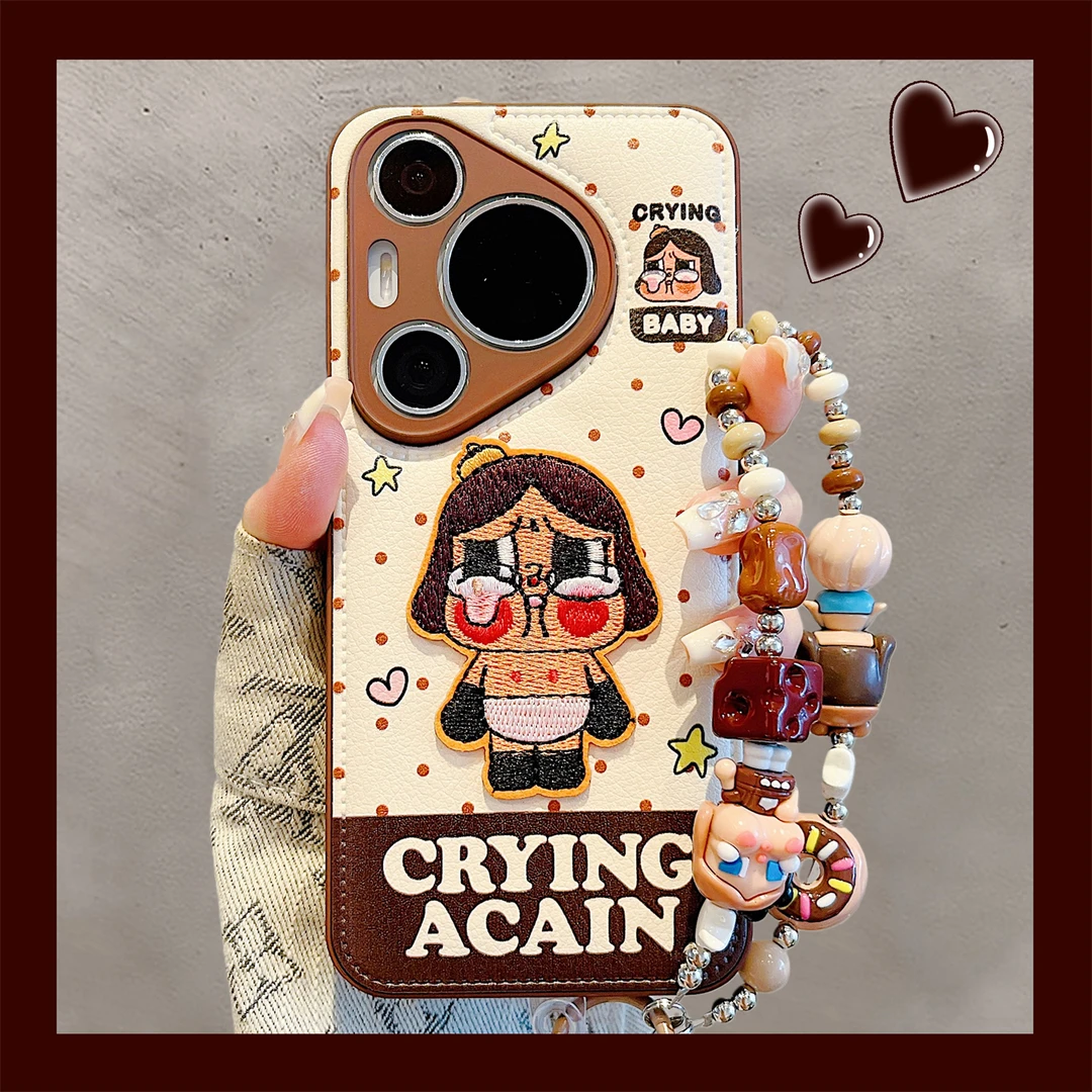 适用华为pura70pro+手机壳pura80pro美拉德棕色刺绣哭娃mate60pro