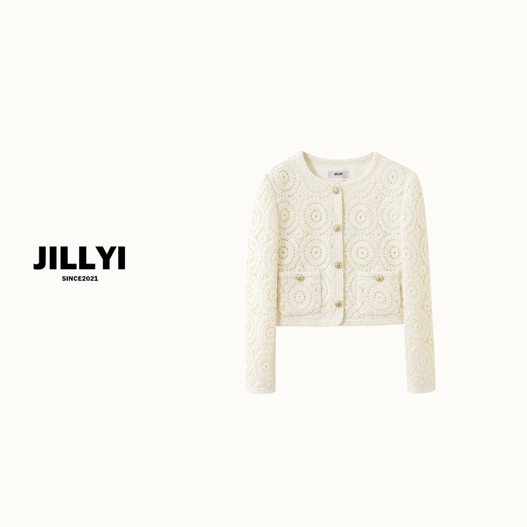 jillyi【灵动音符】杏色圆领单排扣螺纹蕾丝工艺轻奢端庄短外套