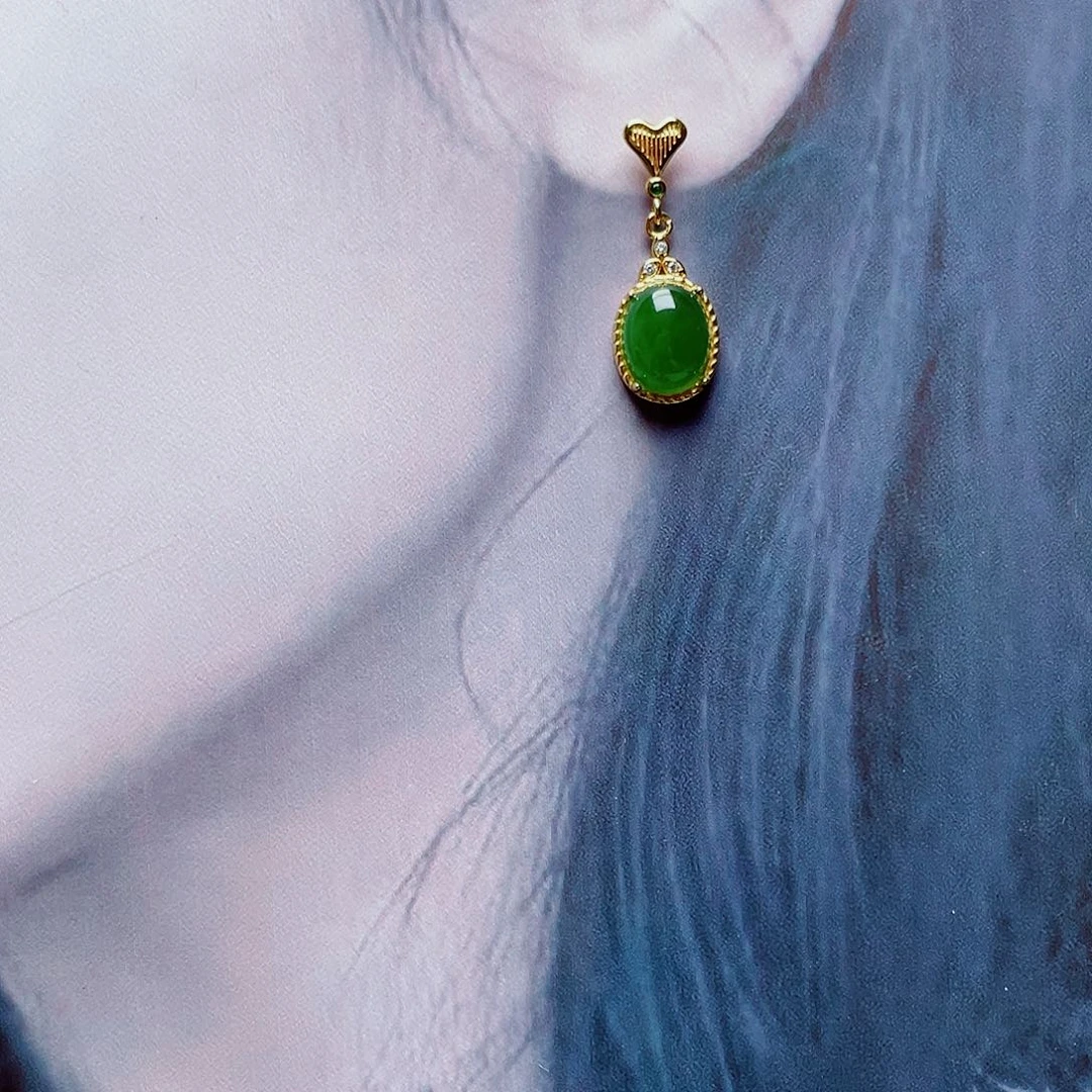 和田玉耳钉银S925镶嵌