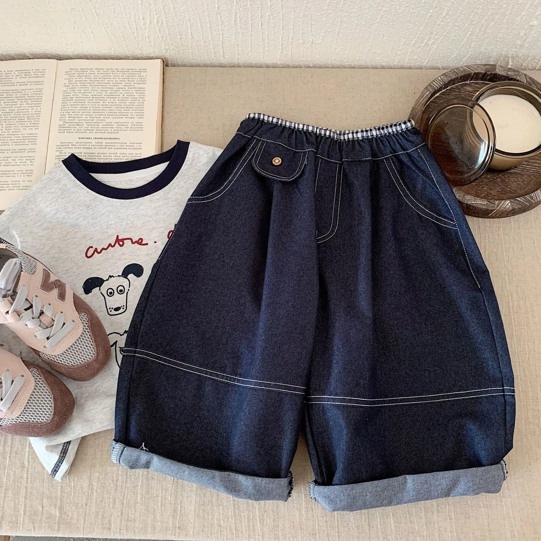 小童时髦宽松深色牛仔裤男女童2025春秋装宝宝拼接长裤儿童阔腿裤