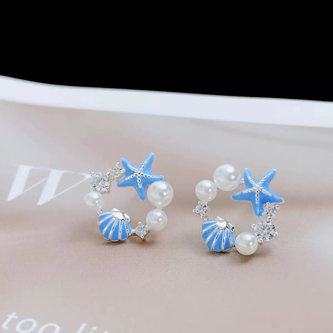 铜合金合成锆石耳饰 海星贝壳耳钉简约小清新甜美耳环