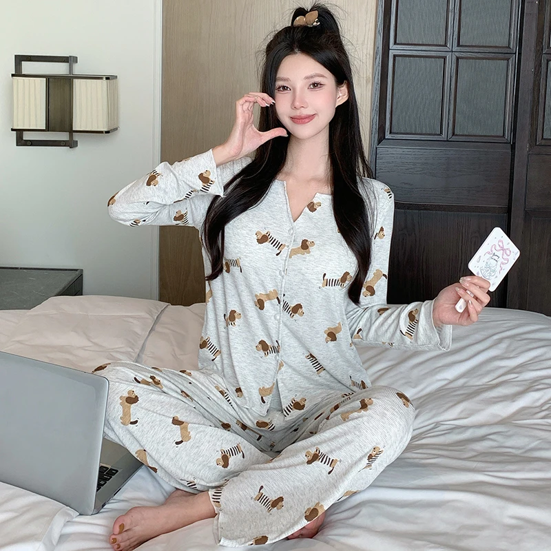 莫代尔睡衣女士春秋季长袖2025新款杏色甜美带胸垫家居服夏天套装