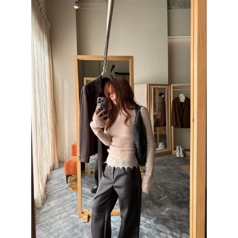 韩系气质破边流苏针织衫女秋冬薄款修身打底衫上衣高腰休闲阔腿裤