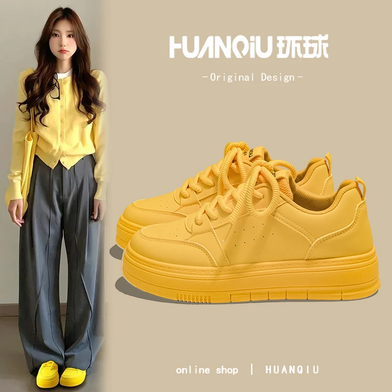 环球女鞋2025爆款柠檬黄色厚底休闲板鞋春季新款高颜值百搭校园风
