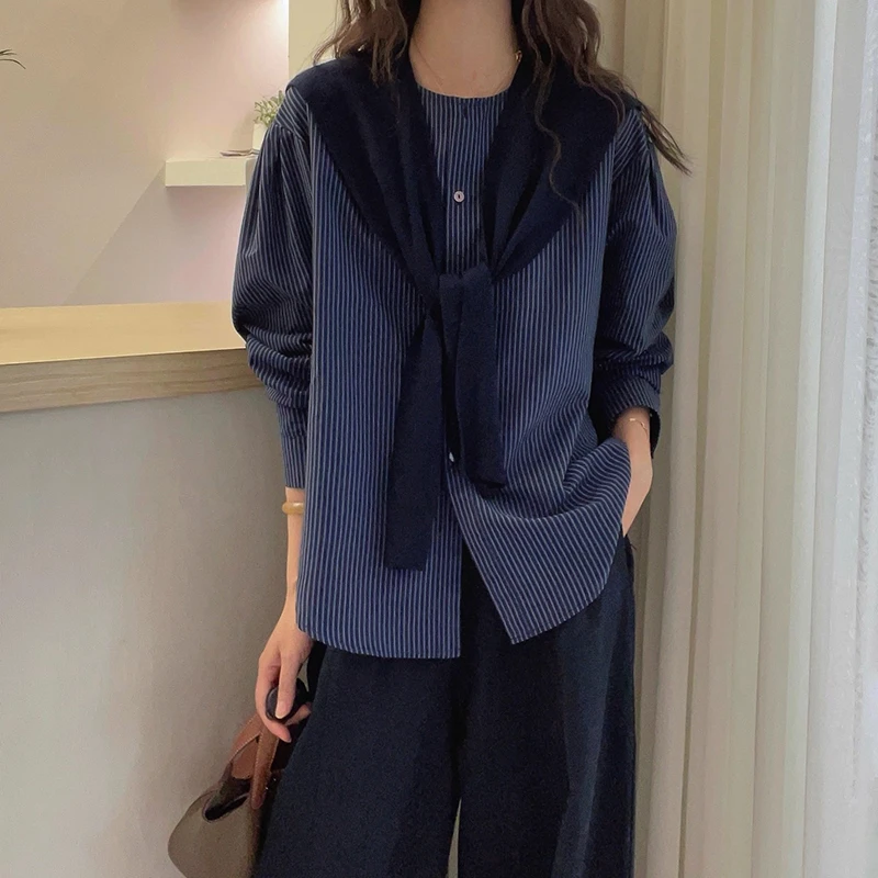 披肩长袖条纹衬衫洋气减龄休闲两件套女秋季新款时尚外搭叠穿套装