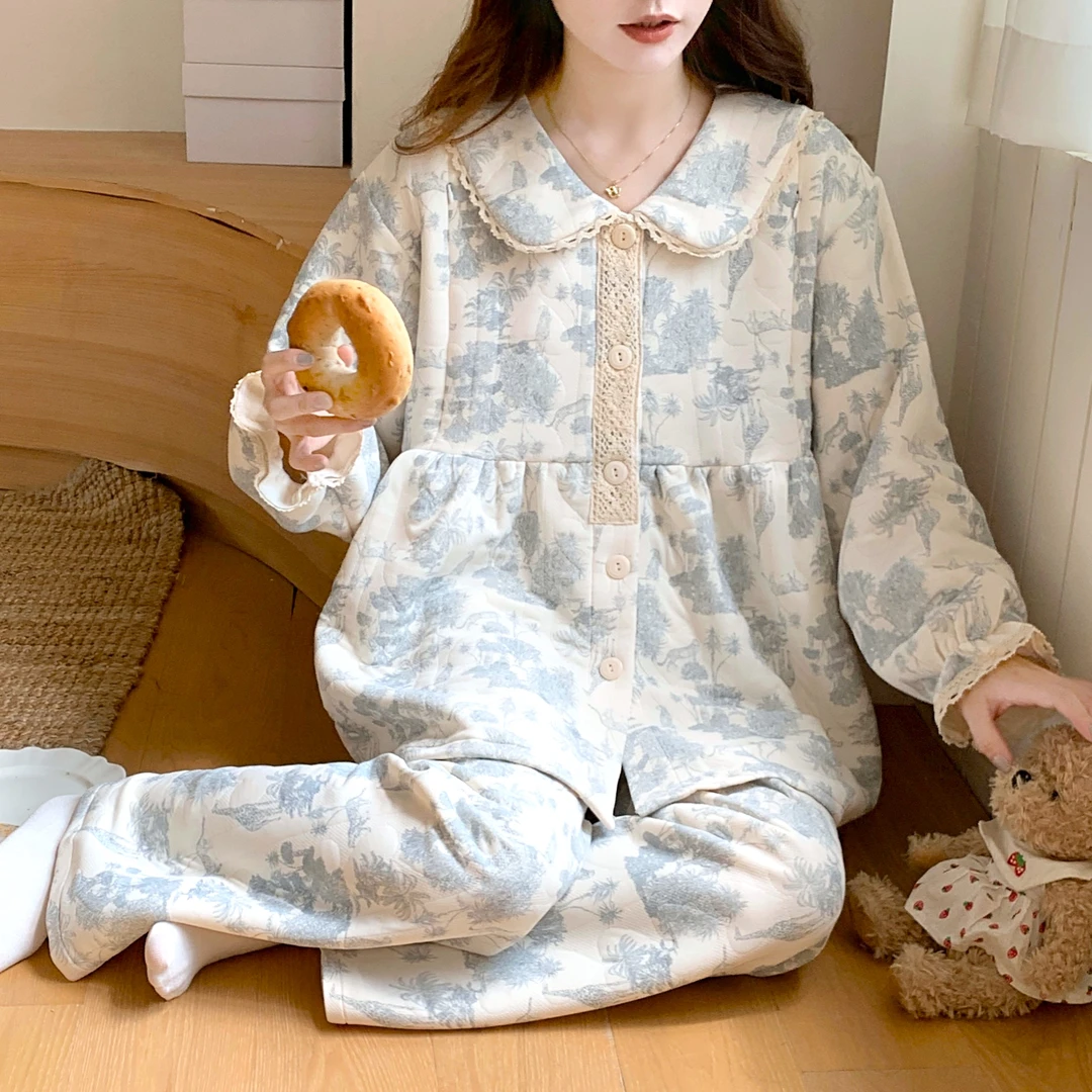 秋冬季空气棉月子服大码产后纯棉夹层睡衣女哺乳喂奶孕妇家居服