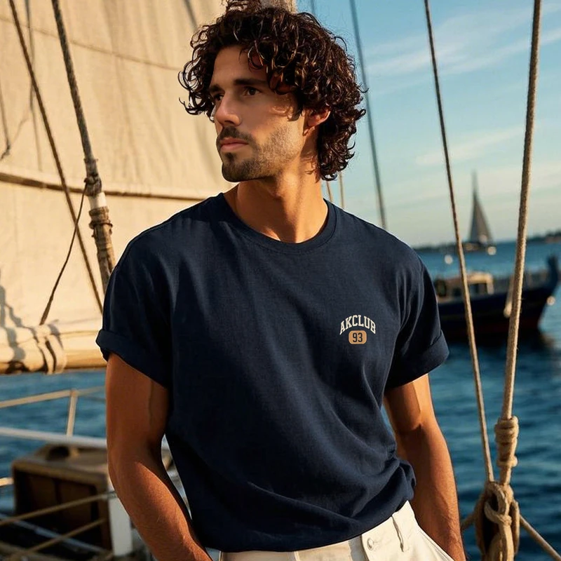 AKCLUB男士夏季新款户外复古纯棉小落肩版印花百搭休闲T恤2500210