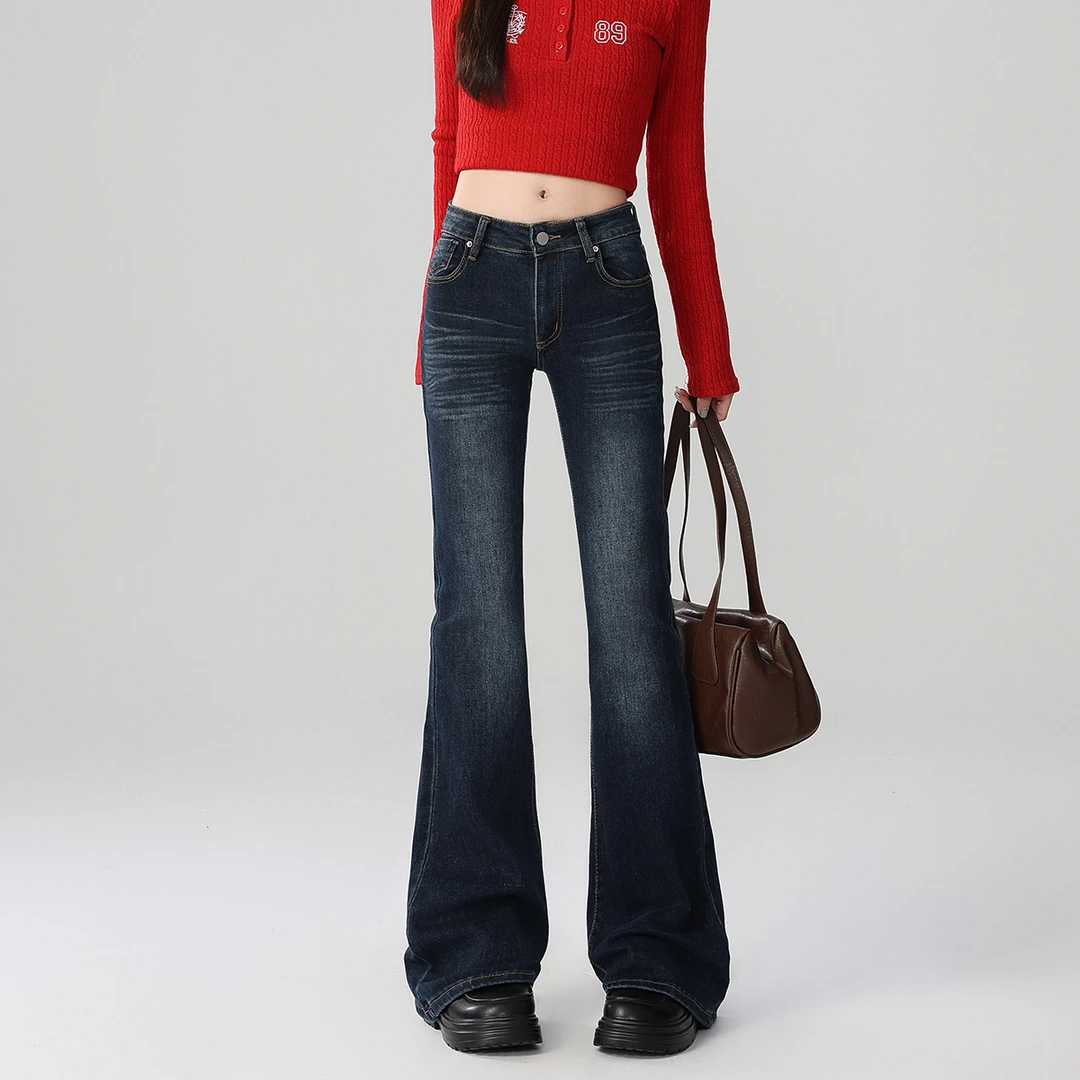 2025年夏季新款美式辣妹低腰弹力微喇叭牛仔裤女修身显瘦拖地长裤