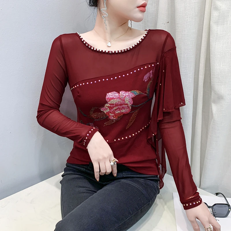 新款荷叶边高端钉珠烫钻摩登上衣跳舞衣服女拉丁交谊广场舞服装