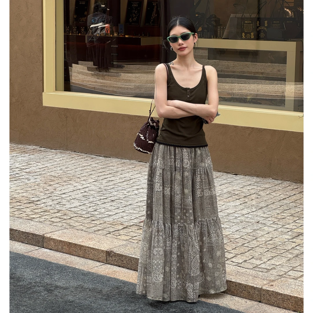 福秒-复古波西米亚风！抽绳分割拼接半身裙（UMA60170#）UMA