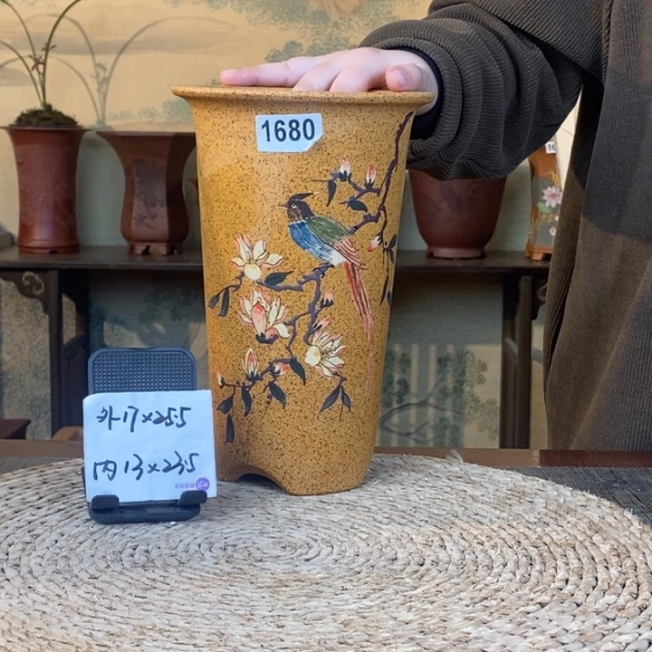 紫砂花盆  福利爆款柴烧绶带鸟彩绘直筒1680