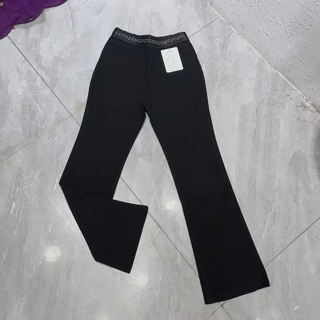 《丽丽家》黑色微喇裤女中腰显瘦松紧腰小黑裤子修身喇叭裤9946款
