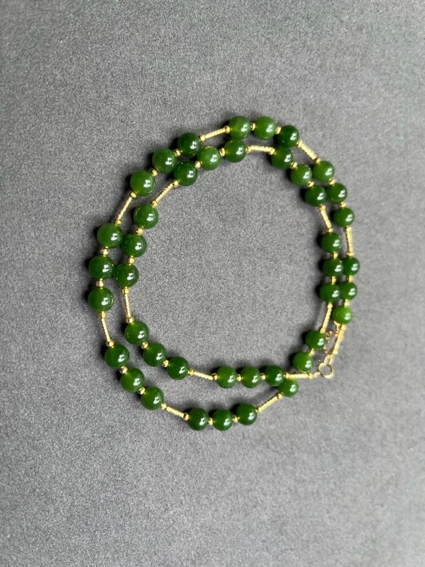 18k厚金和田碧玉精致圆珠高货套链