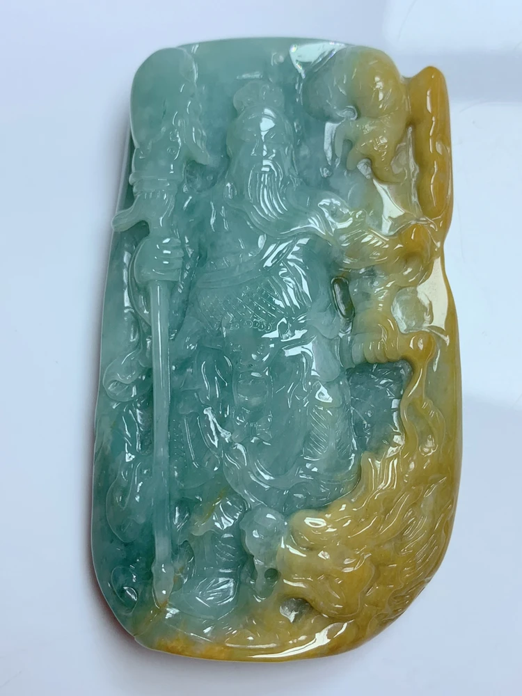 翡翠双彩大件厚装御龙山水关公双面工吊坠