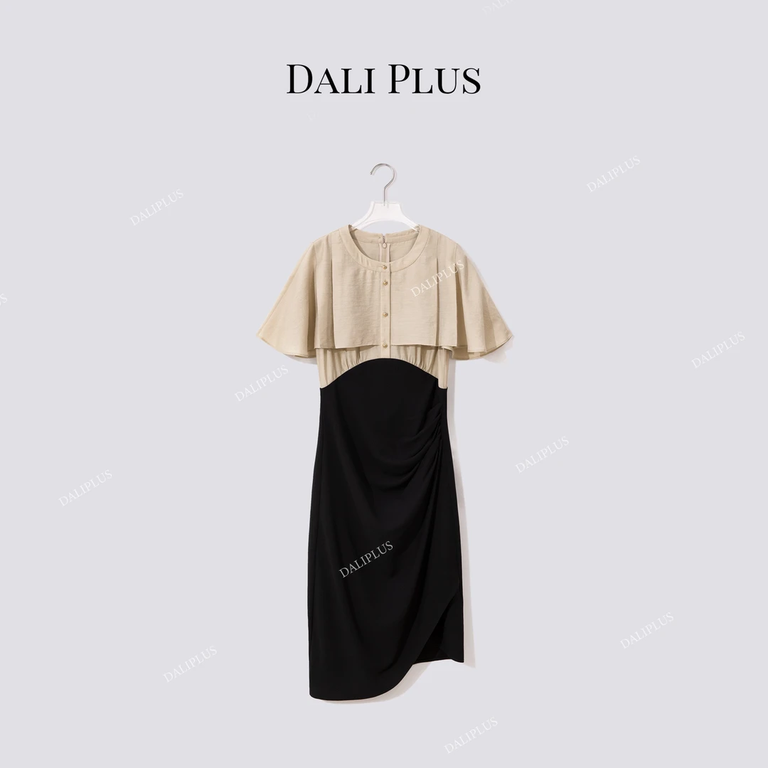 DALI PLUS“重磅醋酸斗篷裙”收腰提褶不规则法式连衣裙-D5ST1275