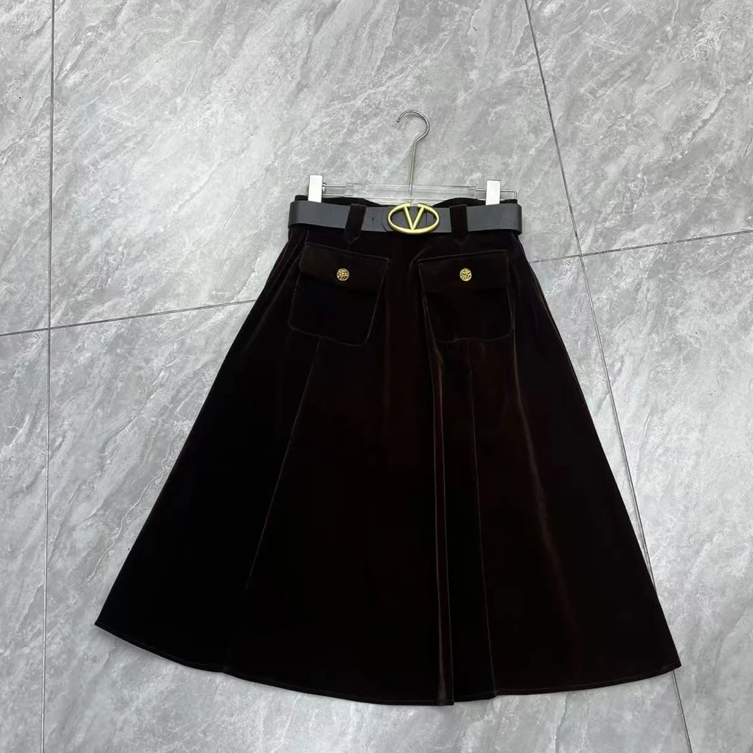 D50816复古丝绒高腰显瘦A字中长半身裙秋冬百搭遮胯大摆伞裙