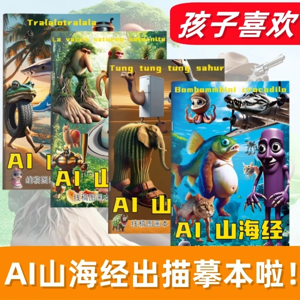 山海经描摹本外国ai儿童线稿手绘本木棍人通通通简笔线稿图色画本