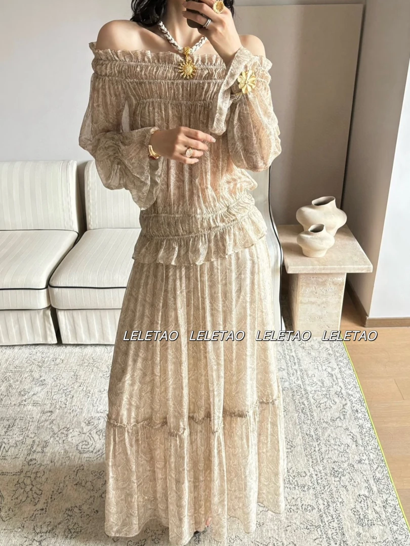 LELETAO/高端法式复古气质优雅印花宽松显瘦一字肩上衣＋长/短裙