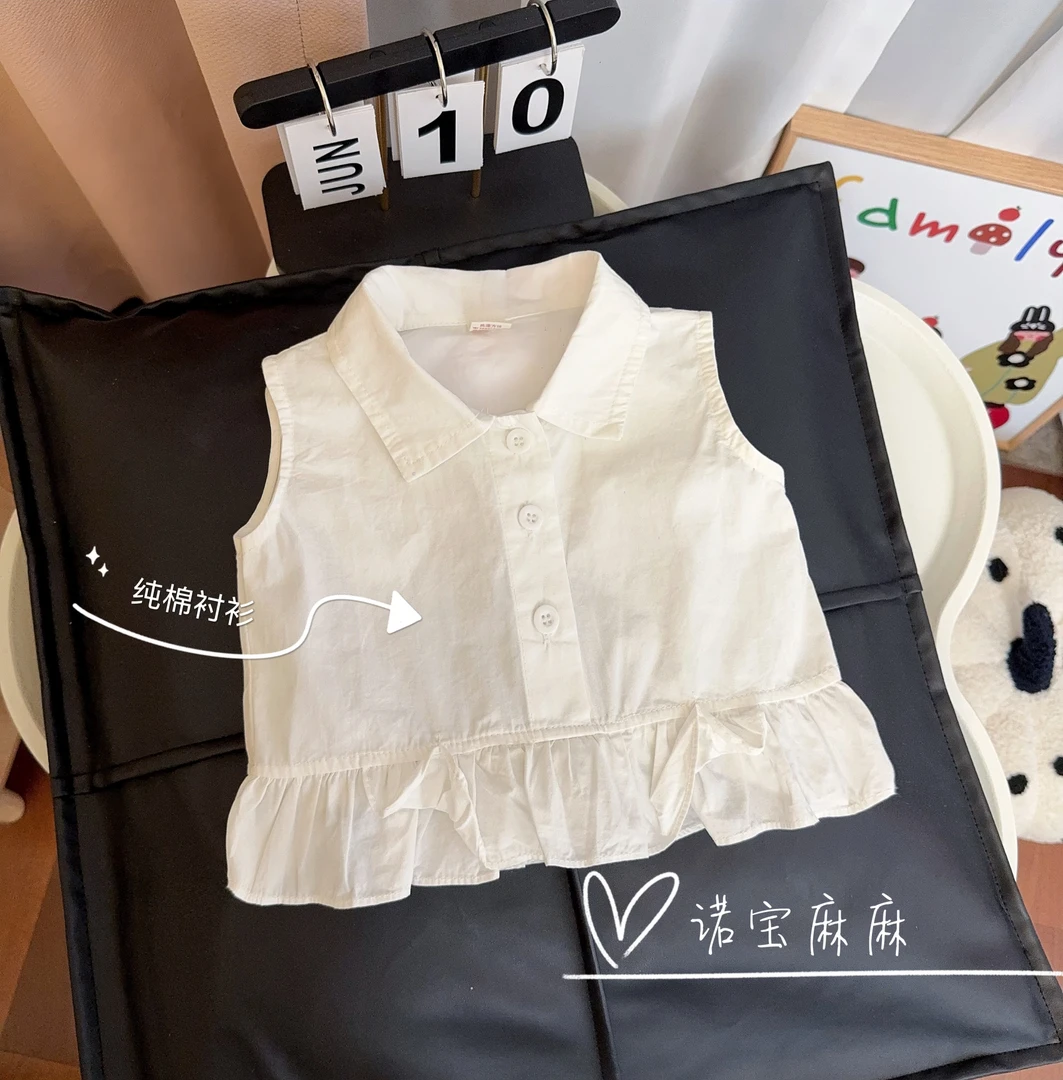 女童夏季新款无袖上衣洋气女宝宝薄款衬衫女宝宝无袖荷叶边T恤