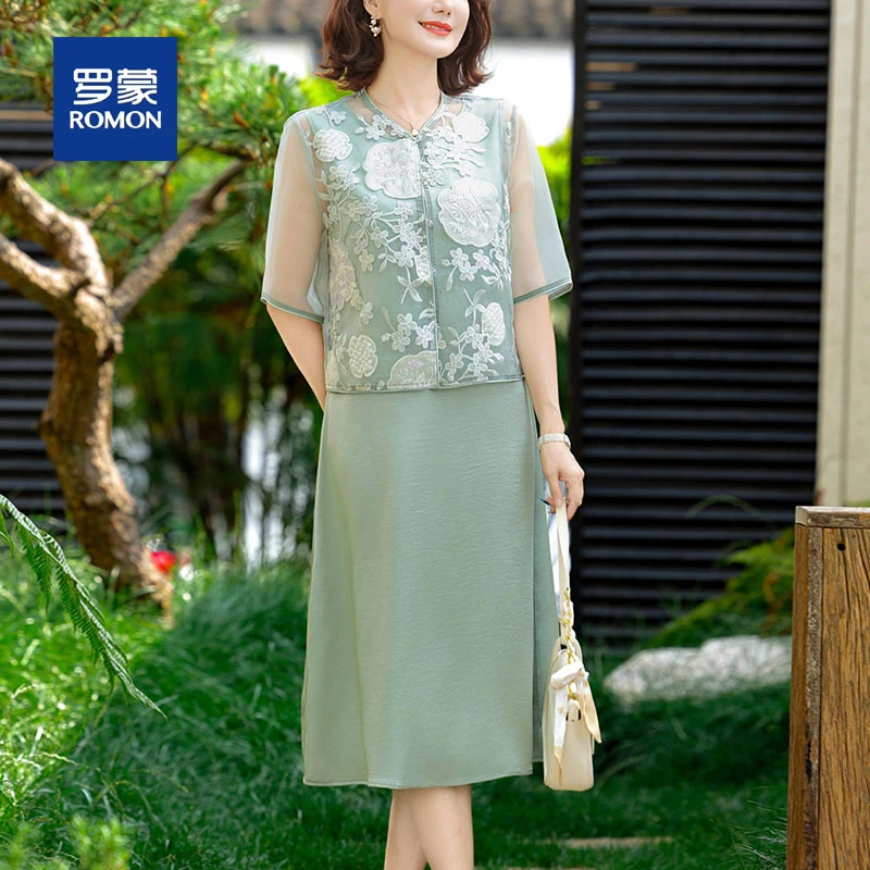 罗蒙贵夫人妈妈夏装中式小衫连衣裙套装新款中老年女装洋气中长裙