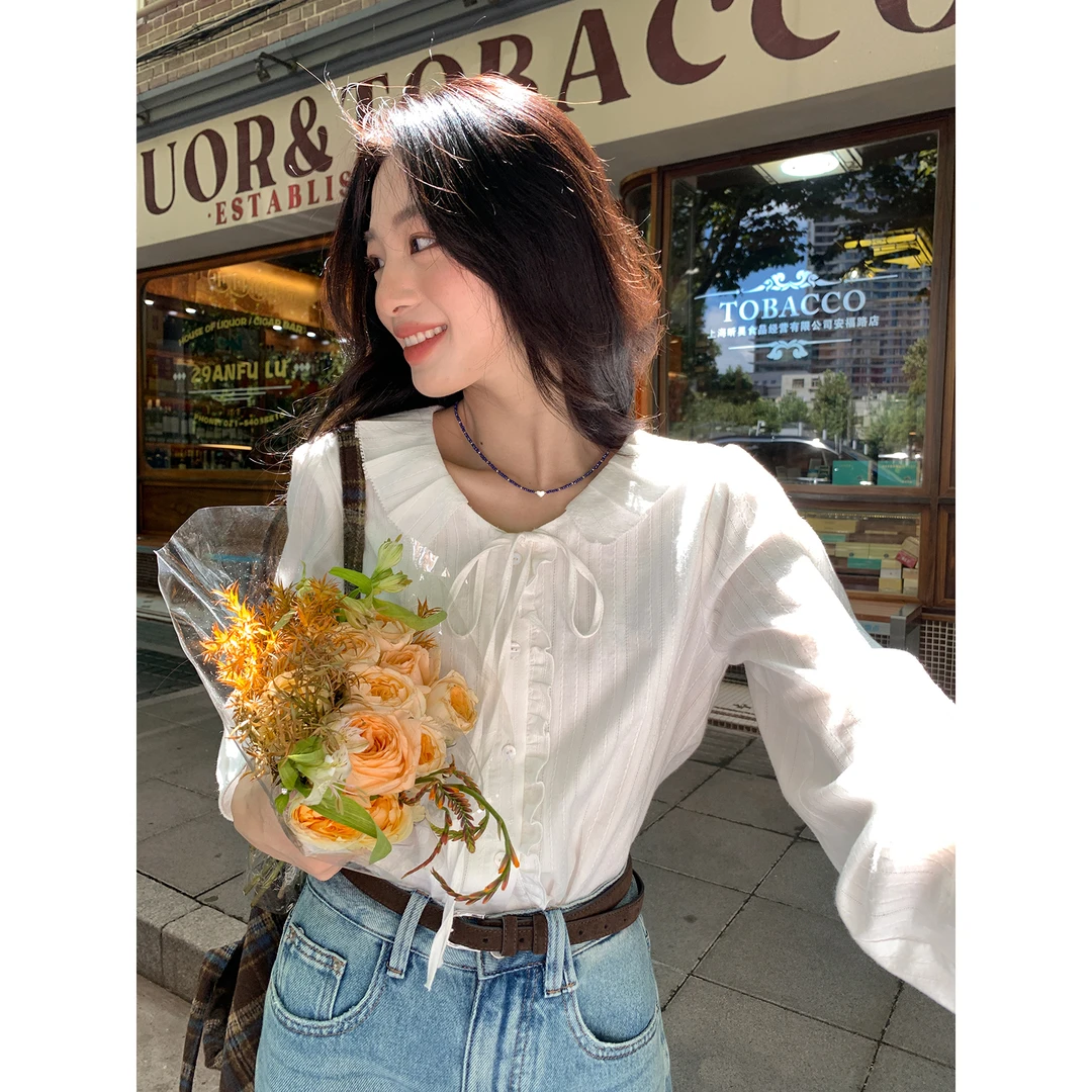 【西西里安】 海德画报~早秋法式精致条纹花边领系带白衬衣