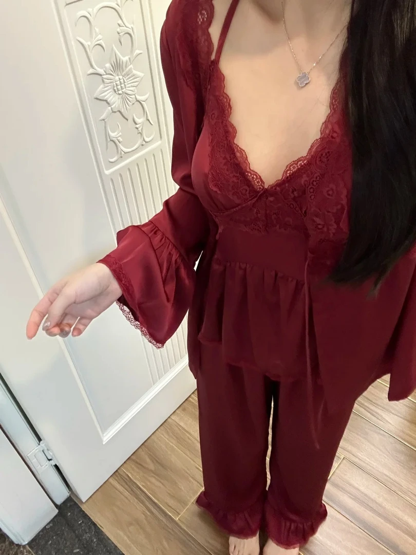 红色性感三件套蕾丝低领显白冰丝睡衣女春夏2025新款可外穿家居服