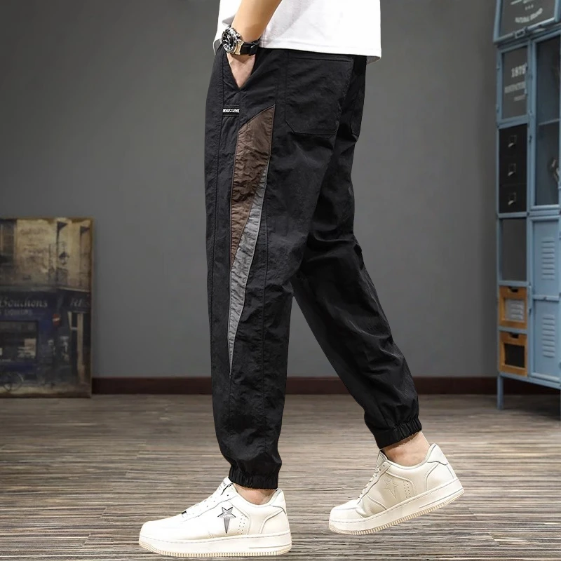 夏季薄款拼接撞色束脚休闲裤男工装运动速干哈伦裤宽松大码裤子男