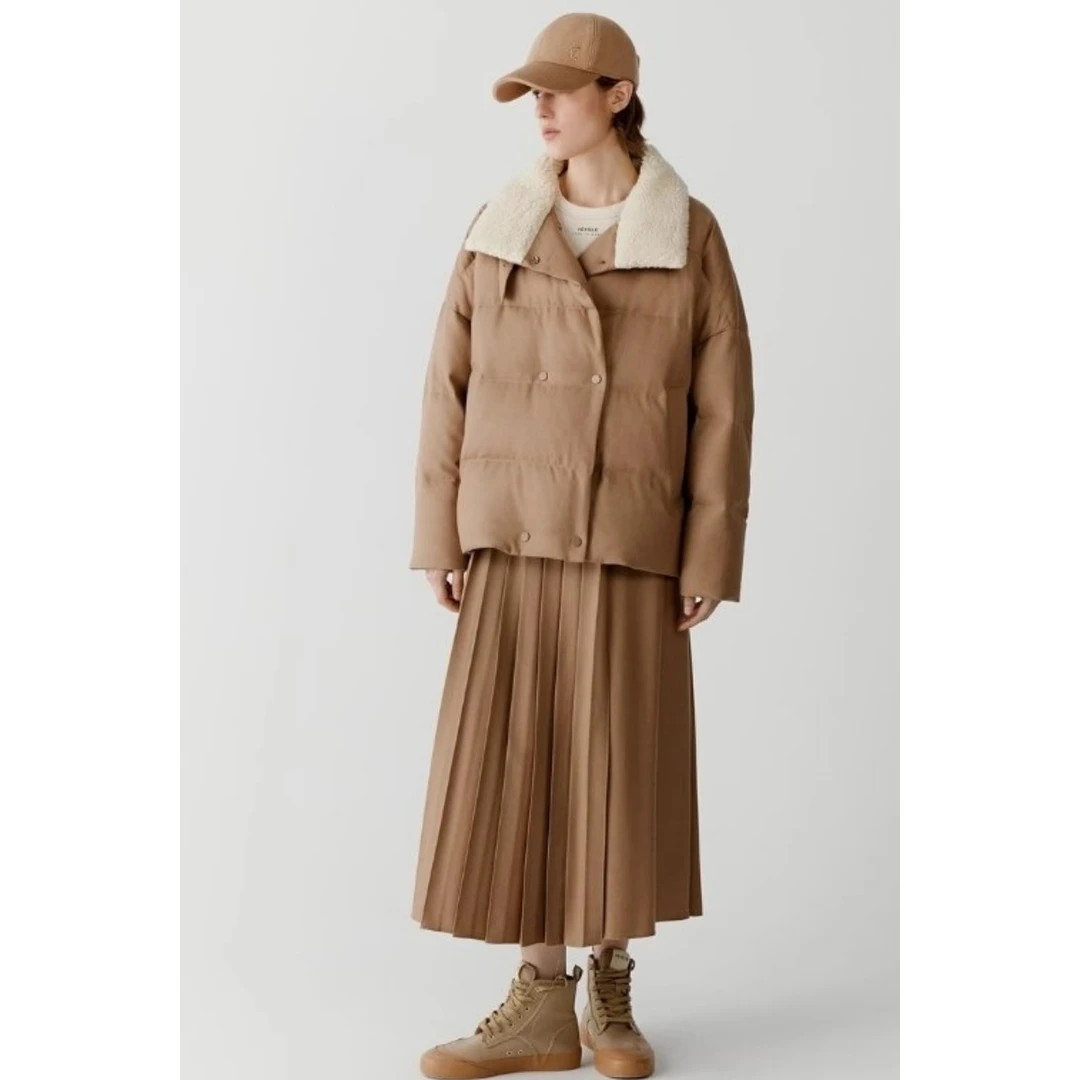 JUNJJ【围炉煮雪】鹅绒服立领拼接毛领人字纹双排扣骆驼绒羽绒服冬