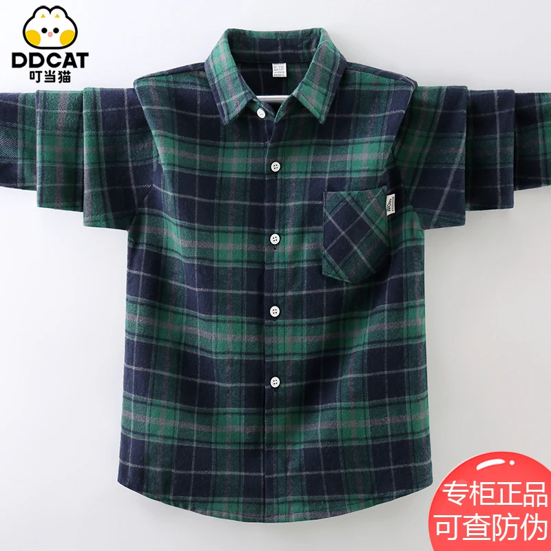 叮当猫童装男童衬衫春秋款长袖儿童格子衬衣新款春季中童外套男孩