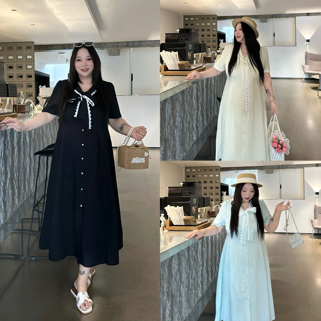 断码捡漏~梦野仙踪 /法式蕾丝蝴蝶结短袖连衣裙13894花契大码胖mm