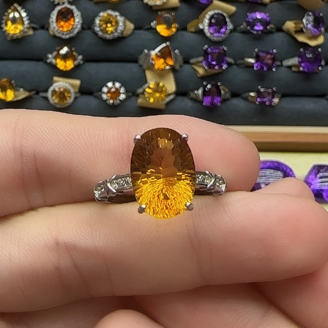 珠宝半成品黄晶未镶嵌纯天然黄水晶戒指