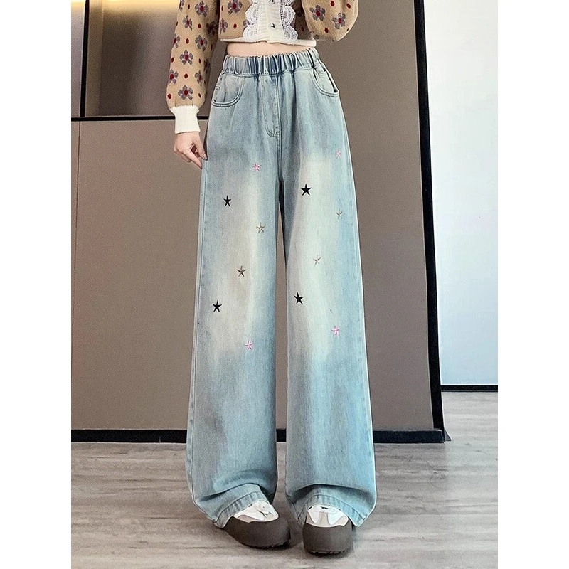 复古星星绣花牛仔裤秋季2025新款大码女装胖mm松紧腰宽松直筒裤子
