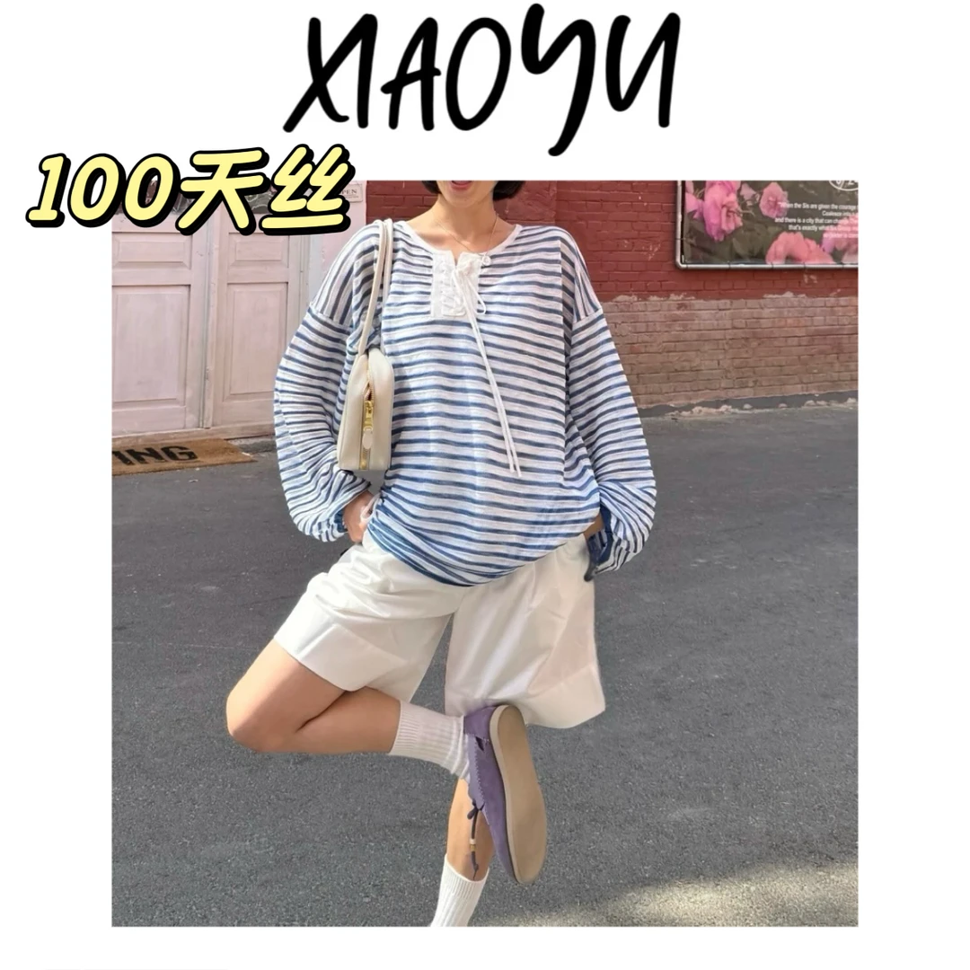 【系绳衫】Y韩系小众系绳长袖蓝白条纹衫百搭显瘦长袖防晒衫慵懒