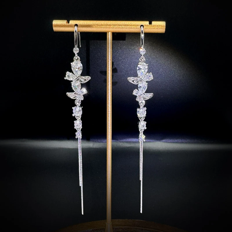 铜合金耳饰 长款锆石蝴蝶流苏耳环女气质超仙优雅甜美耳坠耳钩ins