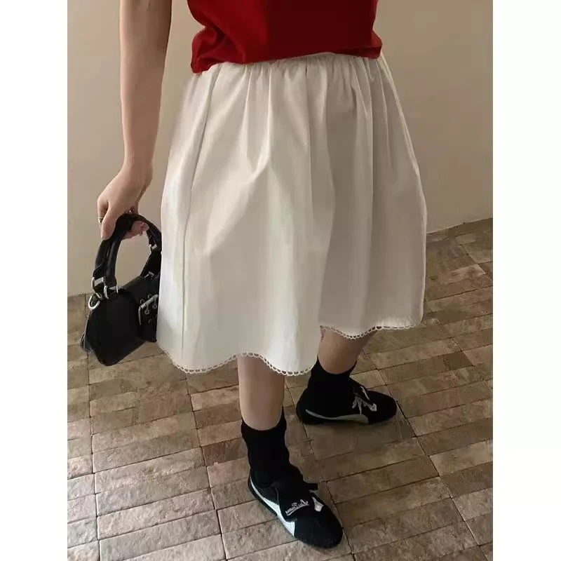 松紧腰白色蕾丝半身裙女夏季2025新款中裙宽松高腰a字小个子短裙