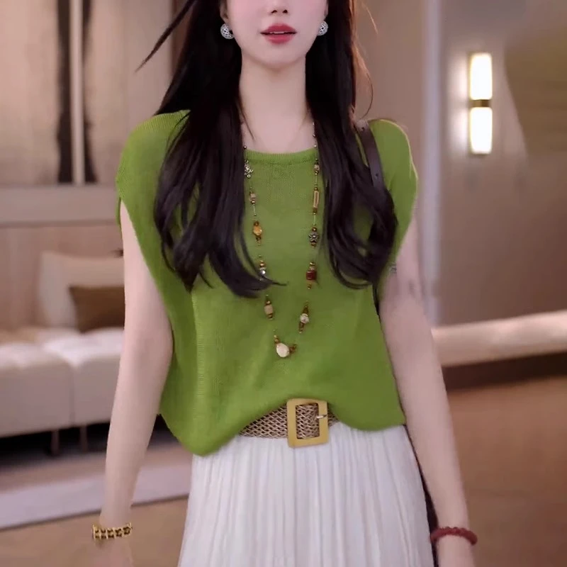 时尚后背镂空绿色连肩袖针织衫女夏季新款高级感复古宽松短袖上衣