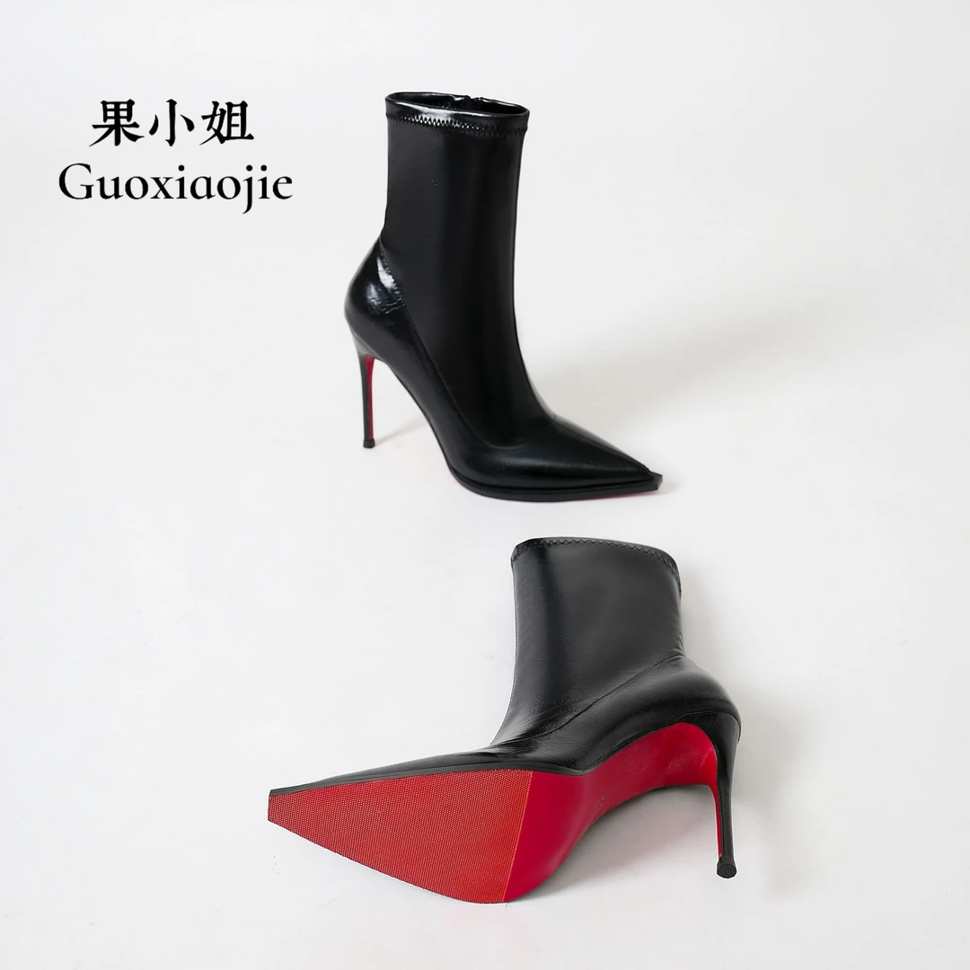 尖头细跟皮面瘦瘦短靴黑色红底高跟靴拉链2025秋冬新款时尚女靴